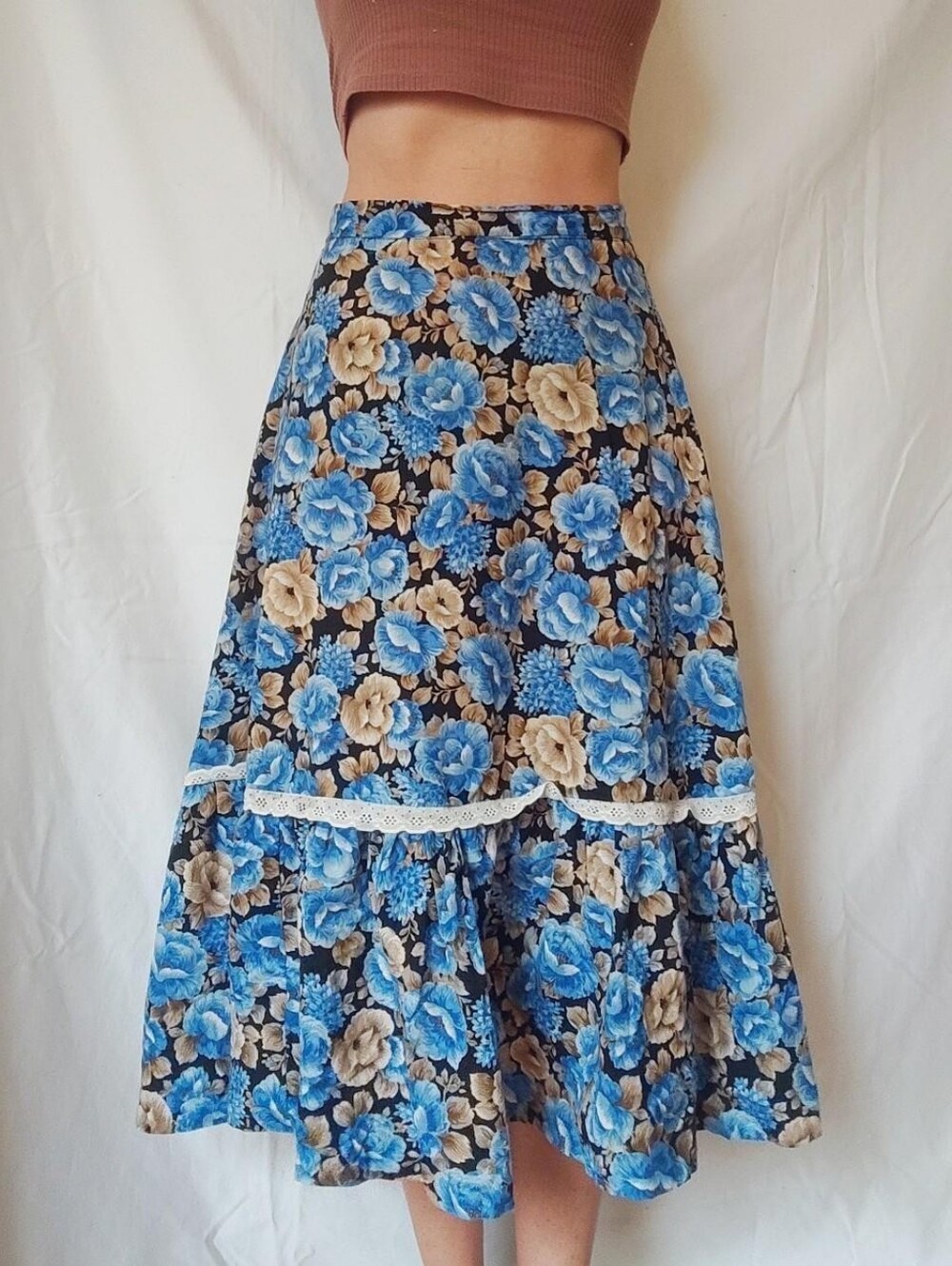 Handmade Blue Floral A line Handmade Midi Skirt
